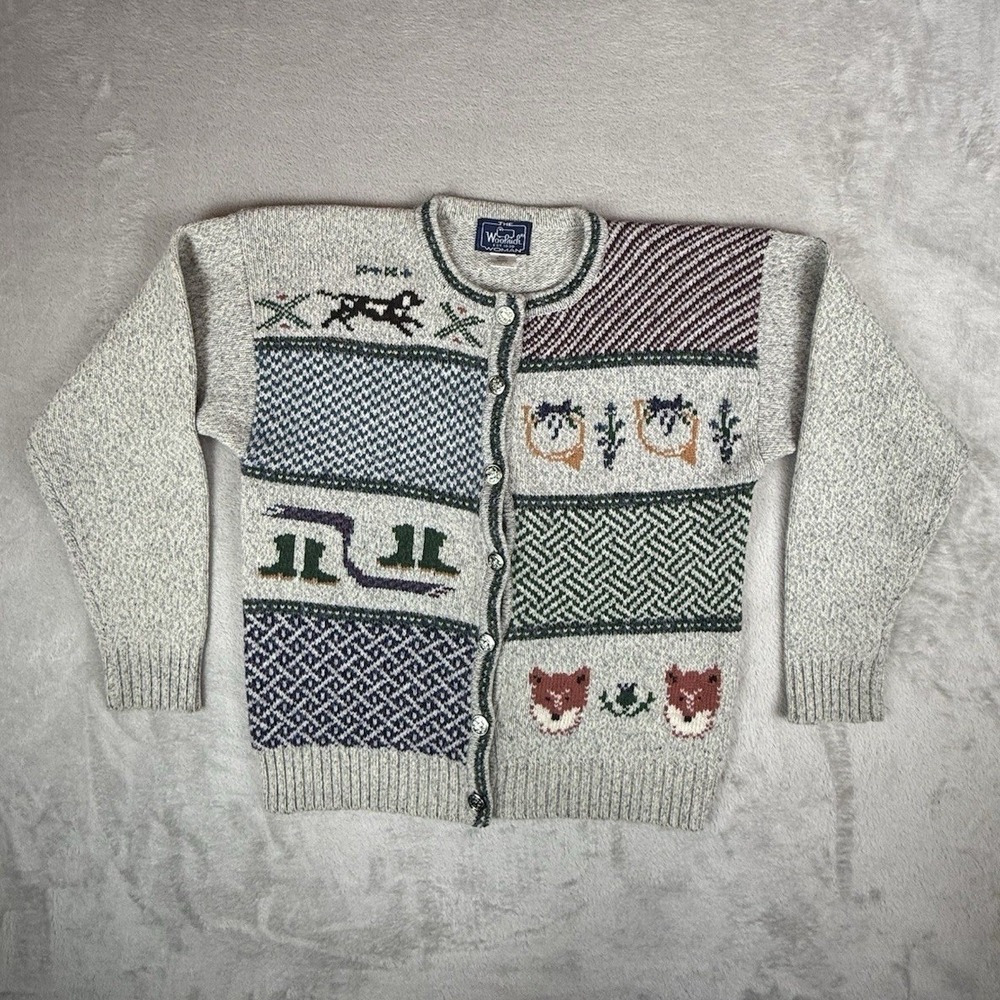 Woolrich Cardigan Sweater Women L Grey Patchwork Fox Intarsia Wool Cottage Twee